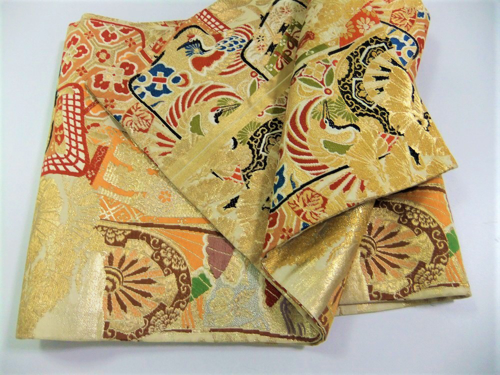 【(16)1613】194cm/昭和初期の丸帯からリメイク/御所車文/テーブルランナー・タペストリー等