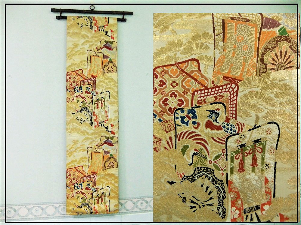 【(16)1613】194cm/昭和初期の丸帯からリメイク/御所車文/テーブルランナー・タペストリー等タペストリー・壁掛け