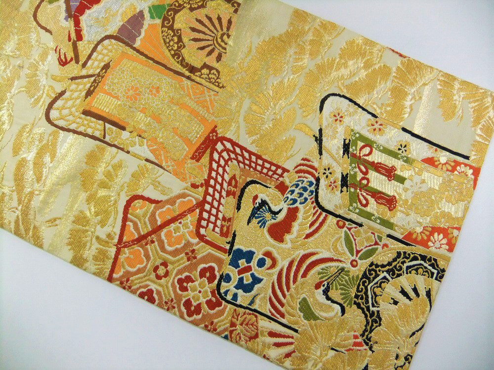 【(16)1613】194cm/昭和初期の丸帯からリメイク/御所車文/テーブルランナー・タペストリー等