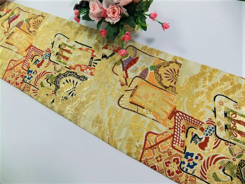 【(16)1613】194cm/昭和初期の丸帯からリメイク/御所車文/テーブルランナー・タペストリー等