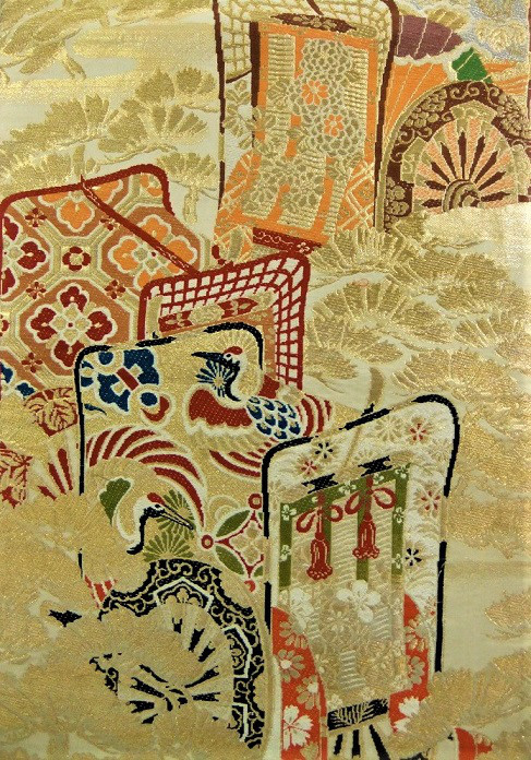 【(16)1613】194cm/昭和初期の丸帯からリメイク/御所車文/テーブルランナー・タペストリー等