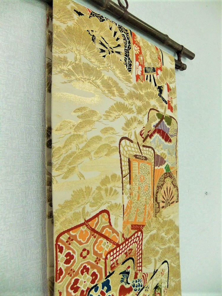 【(16)1613】194cm/昭和初期の丸帯からリメイク/御所車文/テーブルランナー・タペストリー等