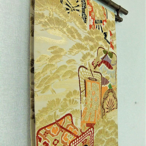 品質のいい 16)1613】194cm/昭和初期の丸帯からリメイク/御所車文/テーブル 絵画