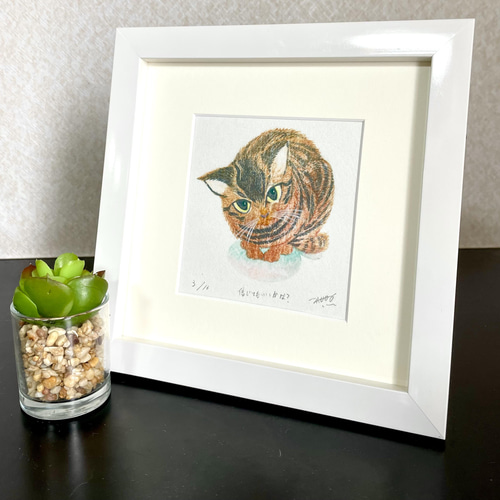 猫の木版画 保護猫の木版画 ホワイト額 版画 かさね 通販