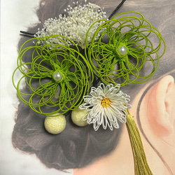 和装髪飾り　水引髪飾り　若草色　セット　成人式　結婚式　ヘッドドレス　振袖　花嫁衣装　着物の髪飾り　M61−3 2枚目の画像