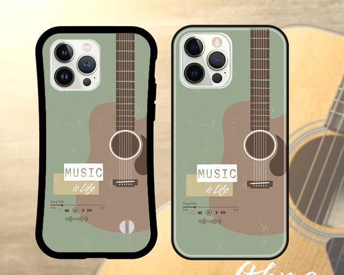 強化ガラス＆グリップ / レトロ ギター ☆ 名入れ可【スマホケース・耐