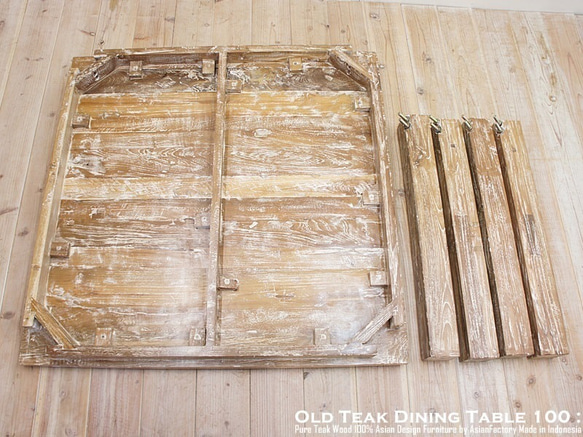 オールドチーク無垢材 ダイニングテーブル スクエア 100cm×100cm ホワイトウォッシュ 正方形 アジアン家具 7枚目の画像