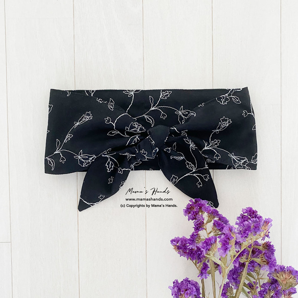 時尚刺繡黑色黑白花卉圖案 100% 棉夏季冰袋冬季保暖頸部涼爽圍巾 第1張的照片