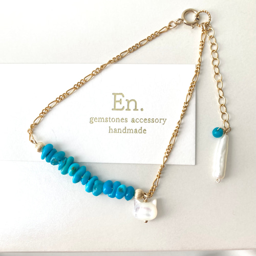 アリゾナターコイズと猫マザーオブパールのブレスレット 14kgf