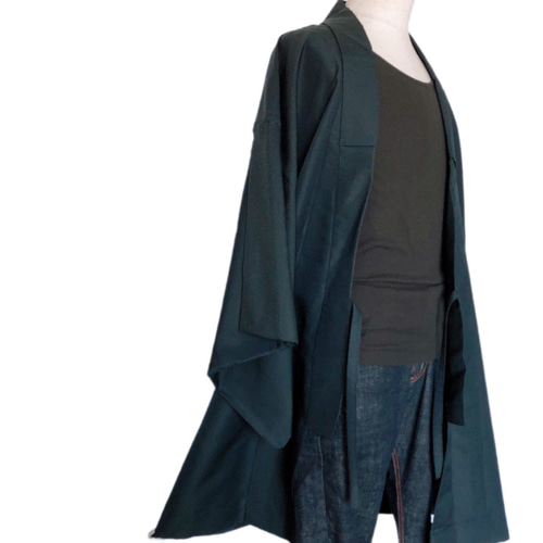 着物リメイク 男性 着物袖 作務衣コート 紺色 亀甲 和装 着物コート  