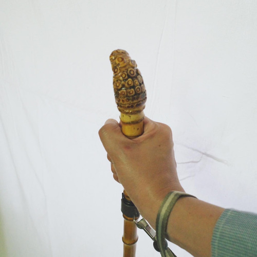 竹杖⑤_根頭曲がり 竹根鞭細工 漆塗り ねぶち 希少 国産 破竹根付