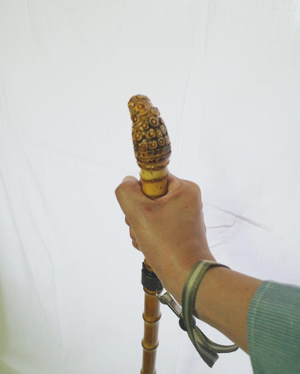 竹杖⑤_根頭曲がり 竹根鞭細工 漆塗り ねぶち 希少 国産 破竹根付 