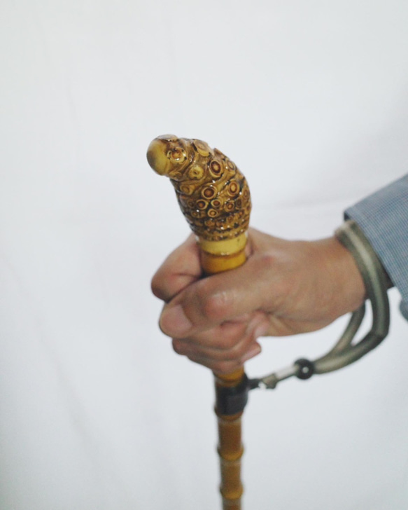 竹杖⑤_根頭曲がり 竹根鞭細工 漆塗り ねぶち 希少 国産 破竹根付 