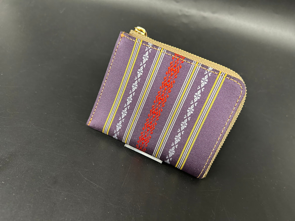 本場筑前博多織献上ミニ財布2 本革 イタリアンレザー使用  小銭入れ　財布　紫 1枚目の画像