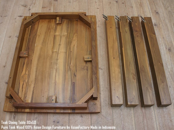 オールドチーク無垢材 ダイニングテーブル 80cm×60cm NA ナチュラルブラウン チーク材 長方形 アジアン家具 6枚目の画像