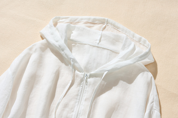 涼爽氣息亞麻材質上衣，連帽輕薄外套，白色 230613-1 第2張的照片