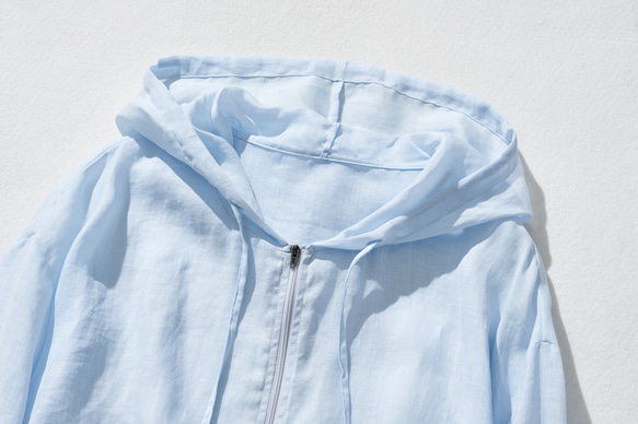 酷感氣息的亞麻上衣，連帽輕薄外套，淺藍色 230613-2 第2張的照片