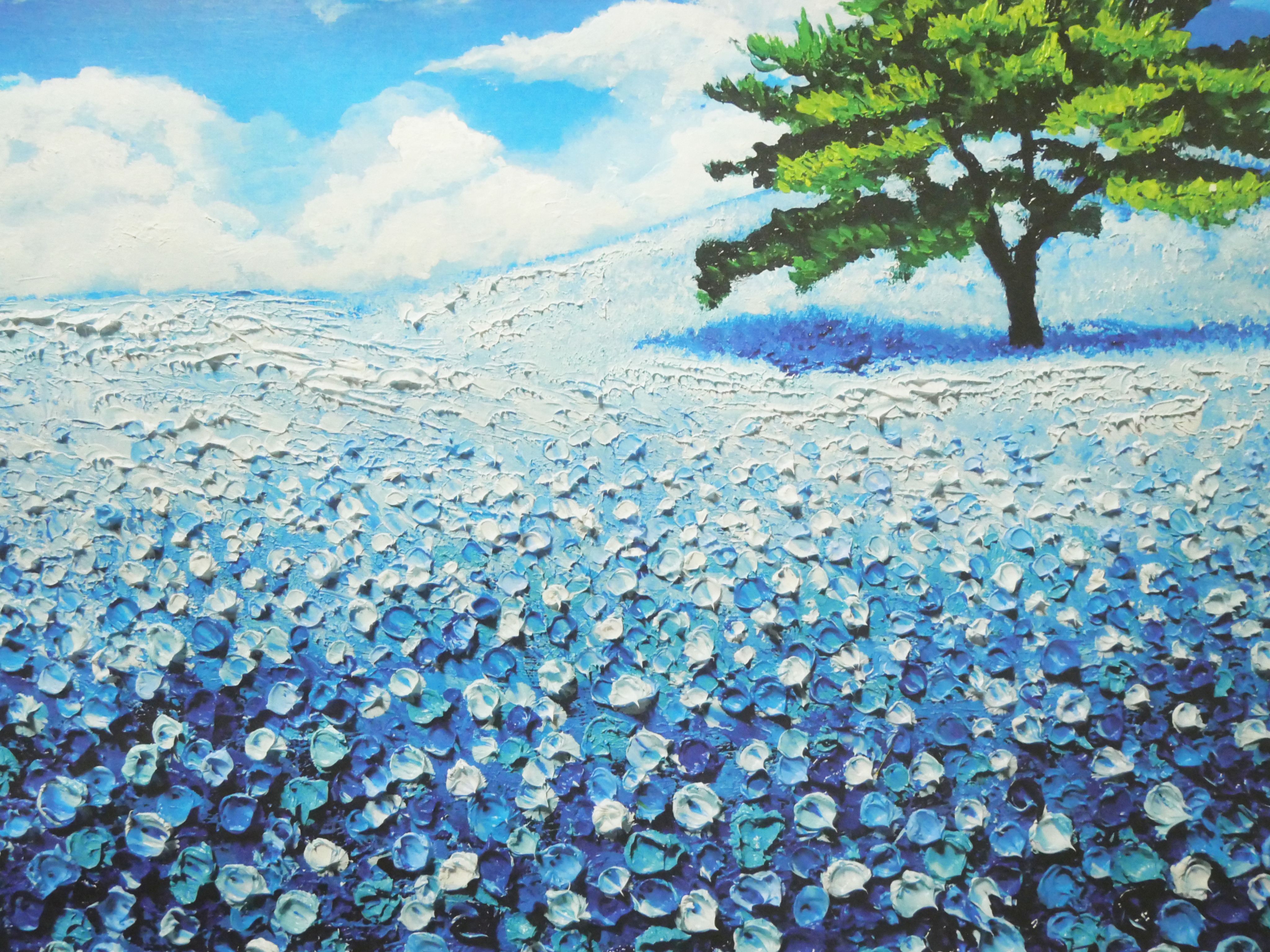 長方形ミニ絵画【ネモフィラの丘】 油絵 油彩 油彩画 絵 絵画 長方形ミニ絵画【ネモフィラとサクラ