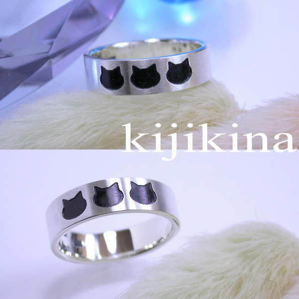 kkk-bk 黒猫リング　3つの顔のクロネコシルバーリング　ヘア―ライン仕上げ