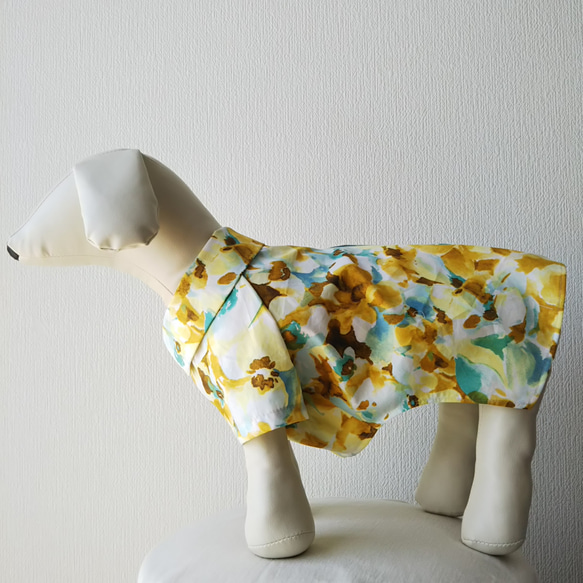 犬服　綿タイプライタープリント生地を使った小型犬サイズラグランスリーブシャツ 3枚目の画像