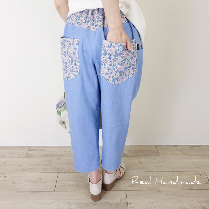 [予約販売] ブリーチブルーデニムとレトロフラワーボーイフレンドパンツ