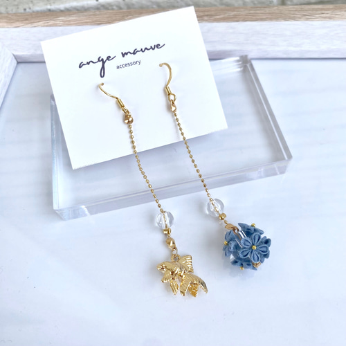 手染めブーケボール 金魚 夏祭り ピアス/イヤリング 浴衣 つまみ細工