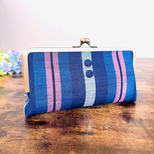 会津木綿＊ちょっとスリムな親子がま口長財布（青桃太縞） 長財布 ルイ