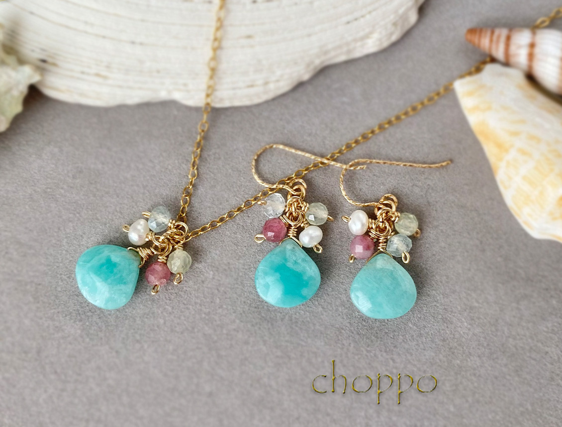 【Creema限定】アマゾナイトのネックレス＆ピアス/イヤリングの2点セット　14kgf　海　夏色　華奢　パール　福袋