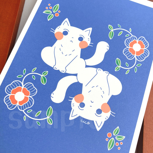 猫のイラスト》ポストカード4枚セット「花と猫」 イラスト わかおちこ