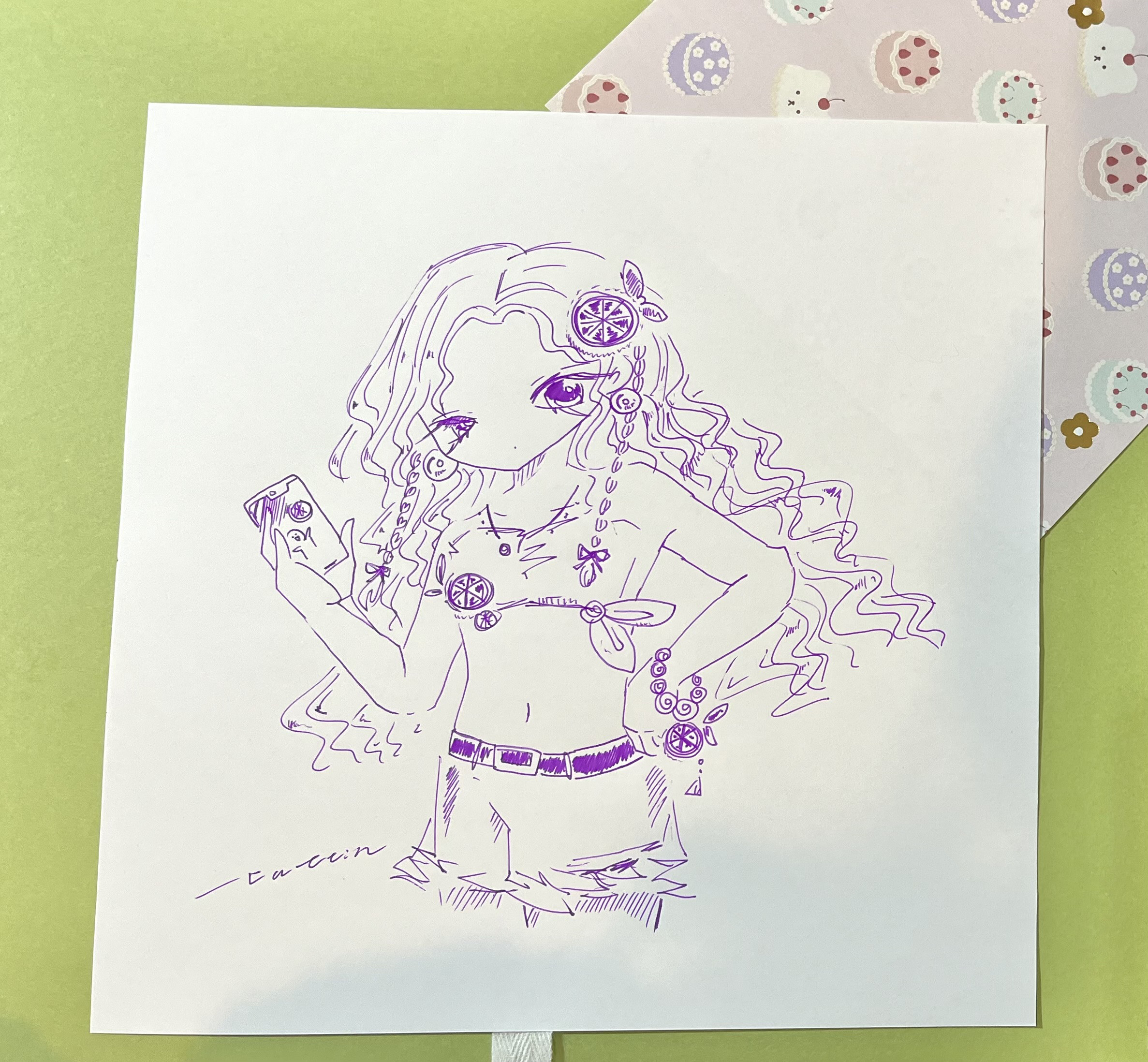 ミニ色紙 ペン画 角 女の子 オリジナル 男子 獣 手描きイラスト