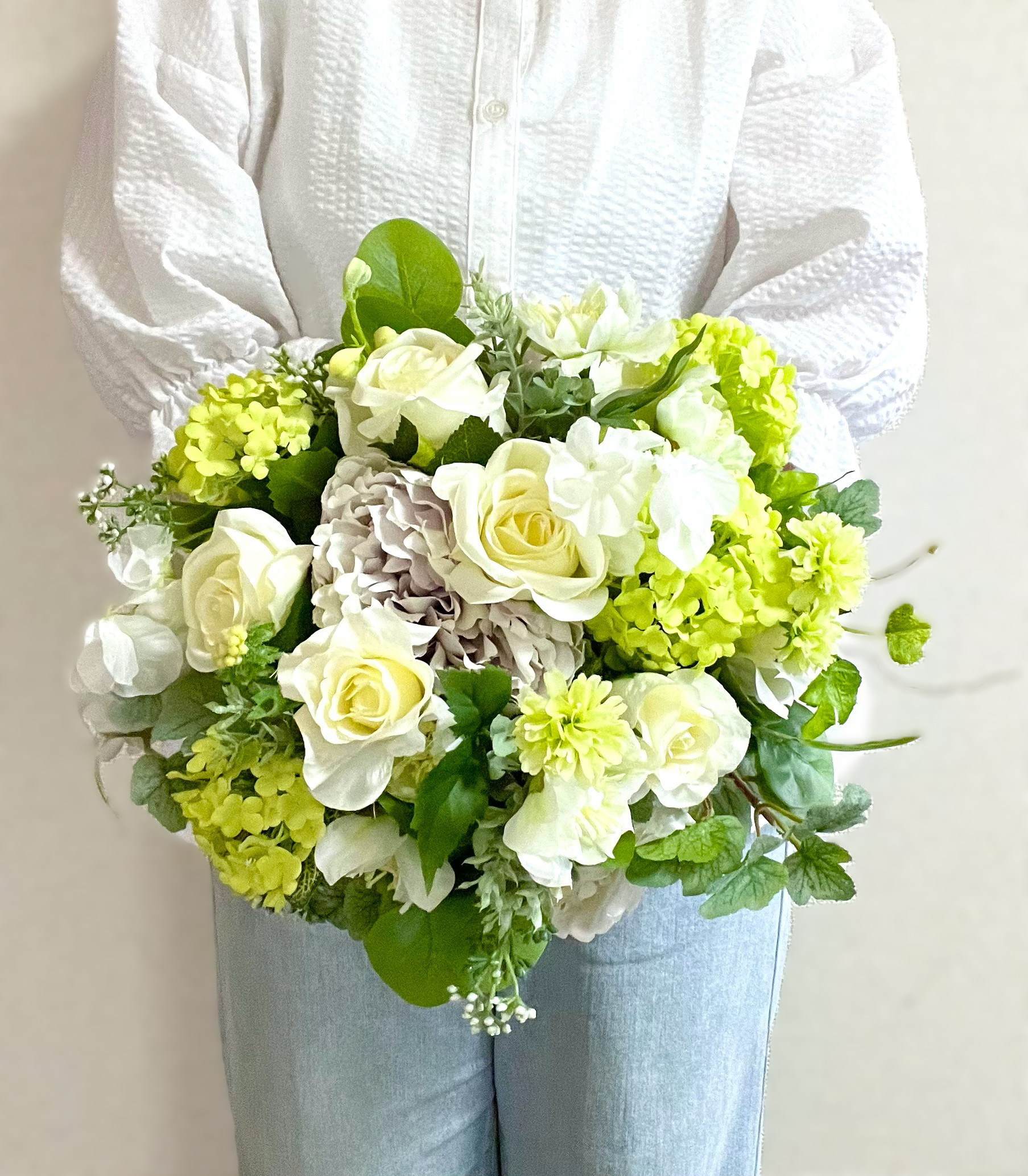 【送料無料】グリーンとローズのクラッチブーケ　ブートニアセット　アーティシャルフラワー