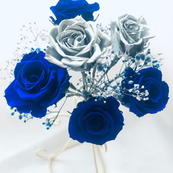 プリザーブドフラワー青とシルバーローズの6輪 の薔薇にかすみ草とリボンをふんわり束ねた花束（花束ラッピング） 6枚目の画像