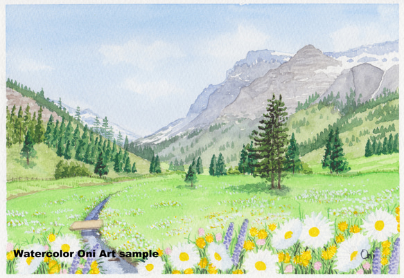 「野花の咲く高原01」透明水彩画　原画　風景画　額縁付　SMサイズ 2枚目の画像