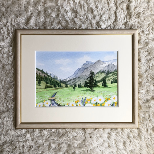 野花の咲く高原01」透明水彩画 原画 風景画 額縁付 SMサイズ 野花の咲く高原01」透明水彩画 原画 風景画 額縁付 SMサイズ