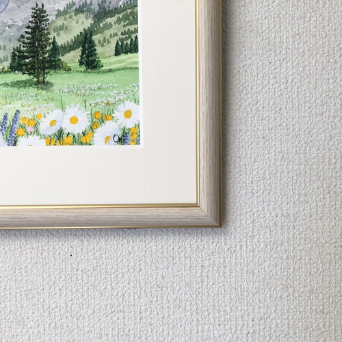野花の咲く高原01」透明水彩画 原画 風景画 額縁付 SMサイズ 野花の咲く高原01」透明水彩画 原画 風景画 額縁付 SMサイズ