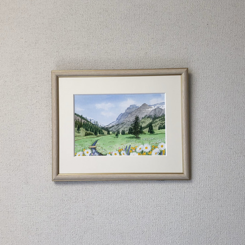 野花の咲く高原01」透明水彩画 原画 風景画 額縁付 SMサイズ 野花の咲く高原01」透明水彩画 原画 風景画 額縁付 SMサイズ