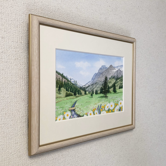 「野花の咲く高原01」透明水彩画　原画　風景画　額縁付　SMサイズ 3枚目の画像