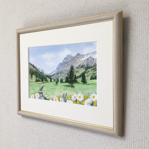 野花の咲く高原01」透明水彩画 原画 風景画 額縁付 SMサイズ 野花の咲く高原01」透明水彩画 原画 風景画 額縁付 SMサイズ