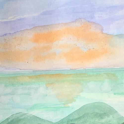 水彩画【未来・夕焼け】原画A5サイズ 額付 一言ポエム 絵画