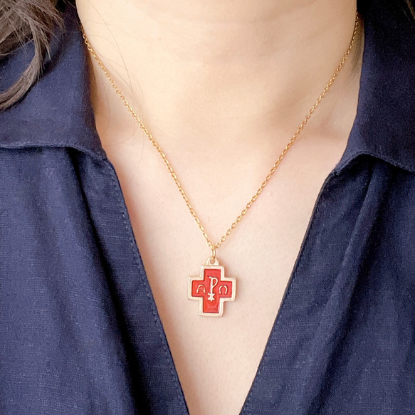 ミニ十字架・アルファオメガ・赤✧ネックレス✧サージカルステンレス✧クロス 9枚目の画像