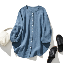 100% 亞麻無色開襟衫，易於融入日常服裝。苦淡藍色 230506-2 第1張的照片