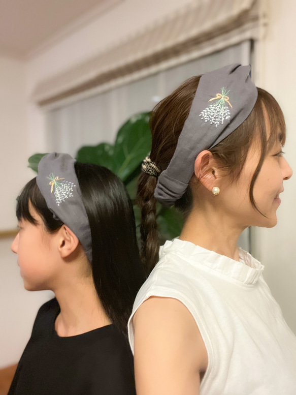 癒しの香り＊ラベンダーとかすみ草のスワッグ刺繍ヘアターバン(ヘアバンド)/ハーフリネン 11枚目の画像