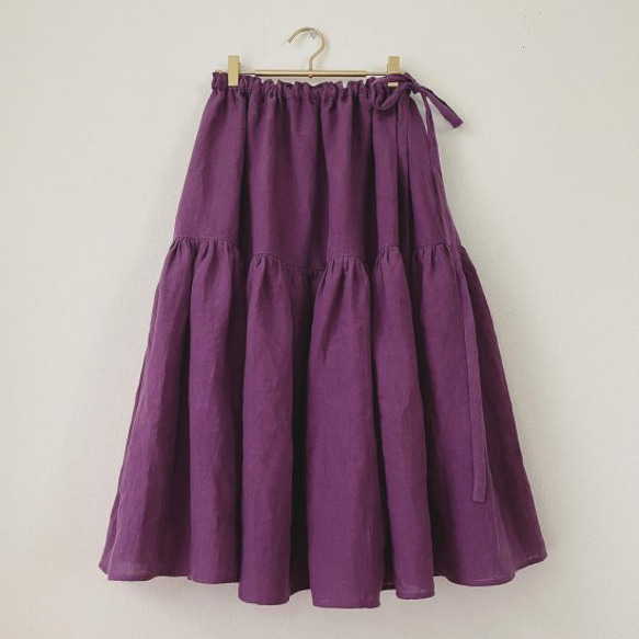 ベルギーリネンの２段ティアードスカート　グレープ　＜リネンB6＞ 2枚目の画像