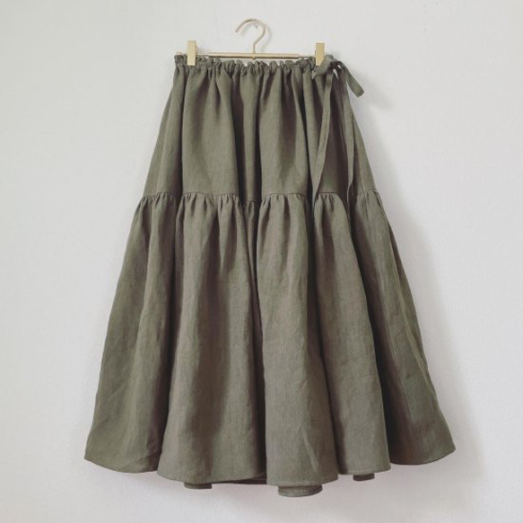 ベルギーリネンの２段ティアードスカート　カーキベージュ　＜リネンB6＞ 3枚目の画像