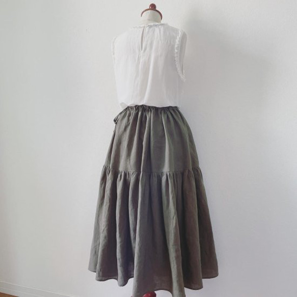 ベルギーリネンの２段ティアードスカート　カーキベージュ　＜リネンB6＞ 6枚目の画像