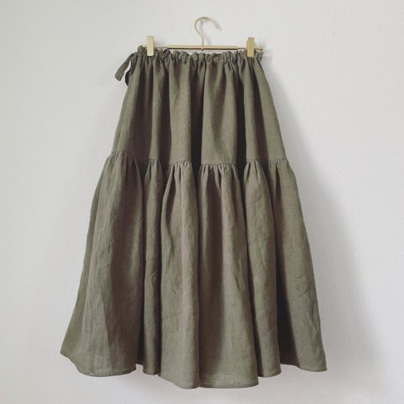 ベルギーリネンの２段ティアードスカート　カーキベージュ　＜リネンB6＞ 8枚目の画像
