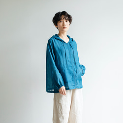 散發清涼氣息的亞麻夾克。輕盈連帽外套。孔雀藍 230613-6 第5張的照片