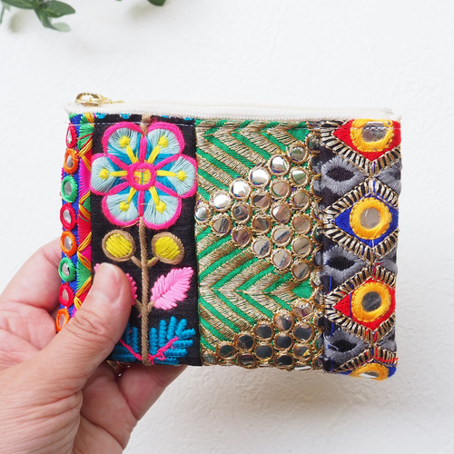限定1点】インド刺繍リボンのミニポーチ（インド刺繍/リボン/インド