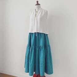 SALE★ワッシャー加工リネンの２段ティアードスカート　ターコイズ　＜リネンO＞ 4枚目の画像
