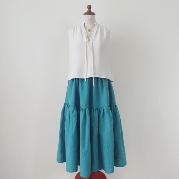 SALE★ワッシャー加工リネンの２段ティアードスカート　ターコイズ　＜リネンO＞ 2枚目の画像